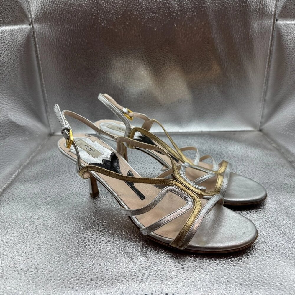 Size EU 35.5 Prada Platinum Gold Womens Leather Strappy Stiletto Heel Sandals - Picture 1 of 9